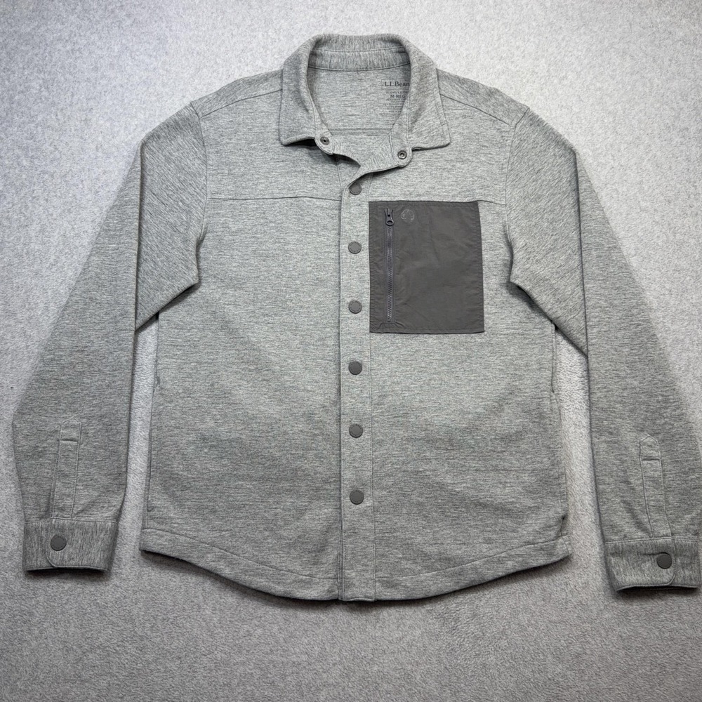 LL Bean Explorer Snap Front Sweatshirt Men Medium Gray Knit Pockets Shirt Jacket